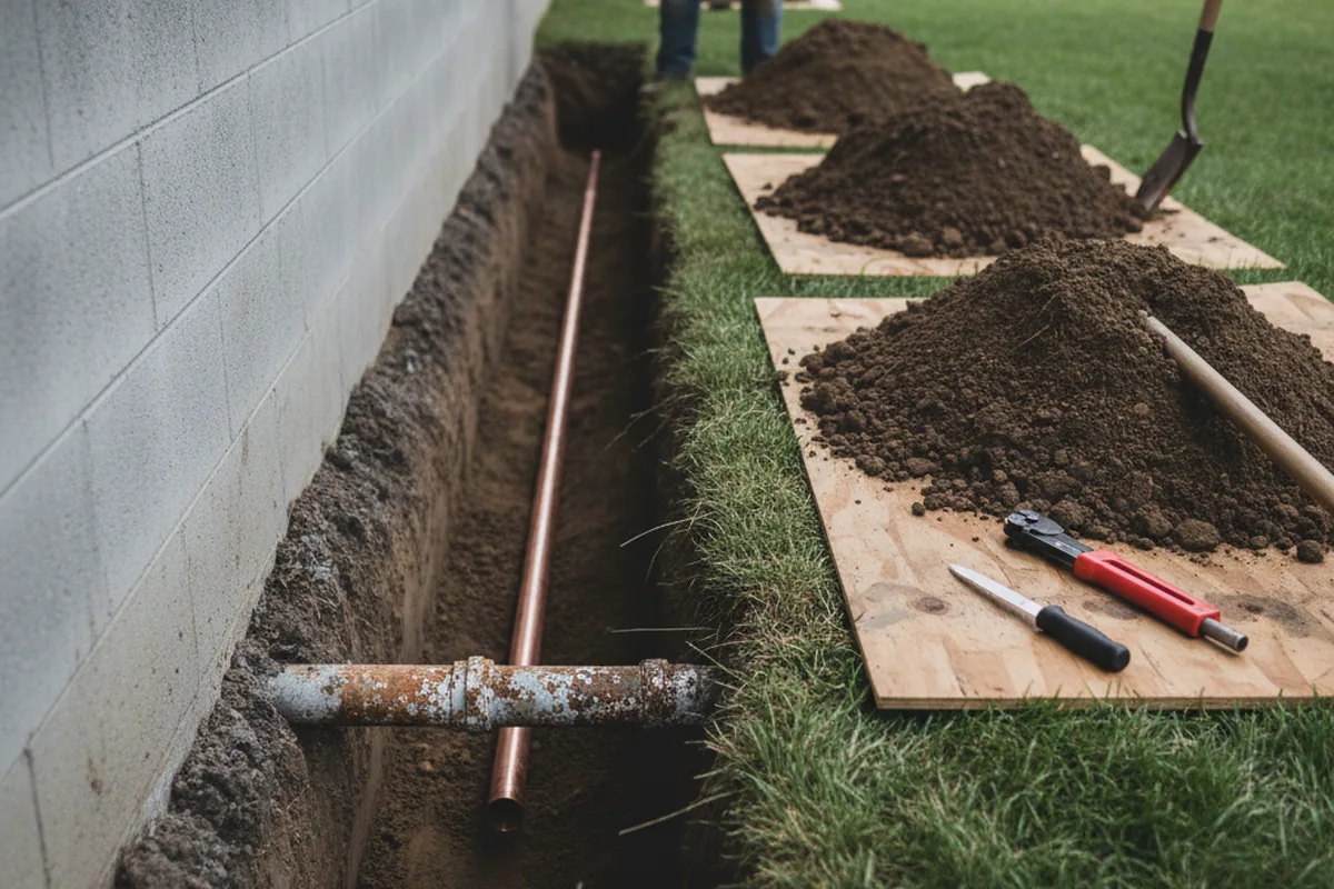 Excavated water line trench during Water Softener Installation in Roy